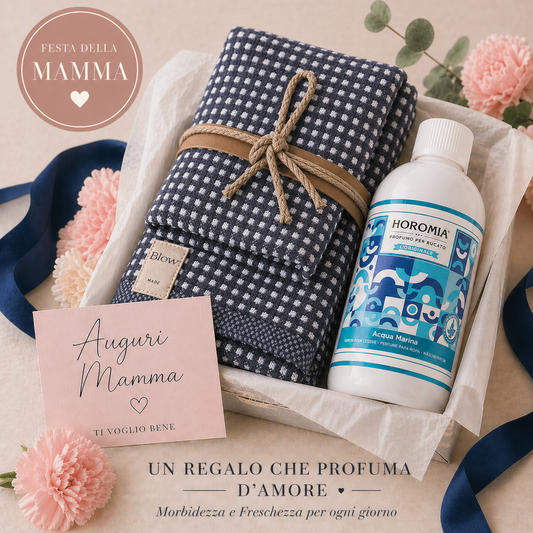 Coppia ospite asciugamano SQUARE JACQUARD BLU/GRIGIO  Fazzini + Profumatore  Bucato Horomia 250 ml – Festa della Mamma
