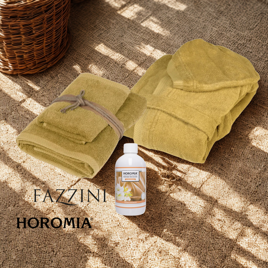 Accappatoio + coppia asciugamani Senape+profumatore bucato 250ml Gold argan