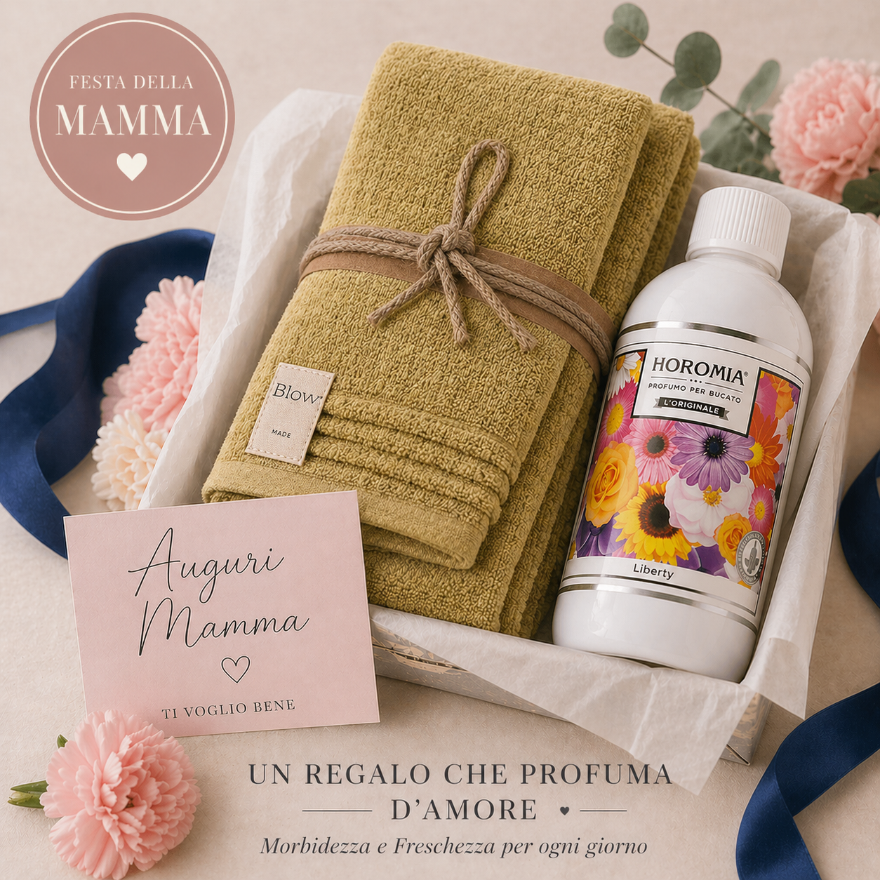 COPPIA OSPITE E ASCIUGAMANO SQUARE SENAPE Fazzini + Profumatore  Bucato Horomia 250 ml – Festa della Mamma