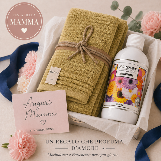 COPPIA OSPITE E ASCIUGAMANO SQUARE SENAPE Fazzini + Profumatore  Bucato Horomia 250 ml – Festa della Mamma