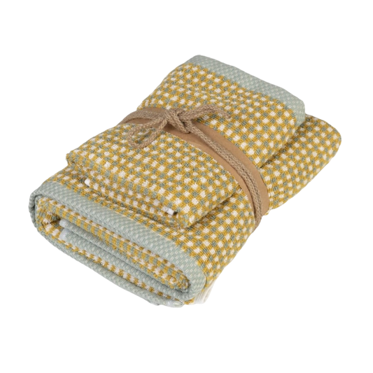 GUEST COUPLE AND SQUARE JACQUARD TOWEL IN GREEN/MUSTARD